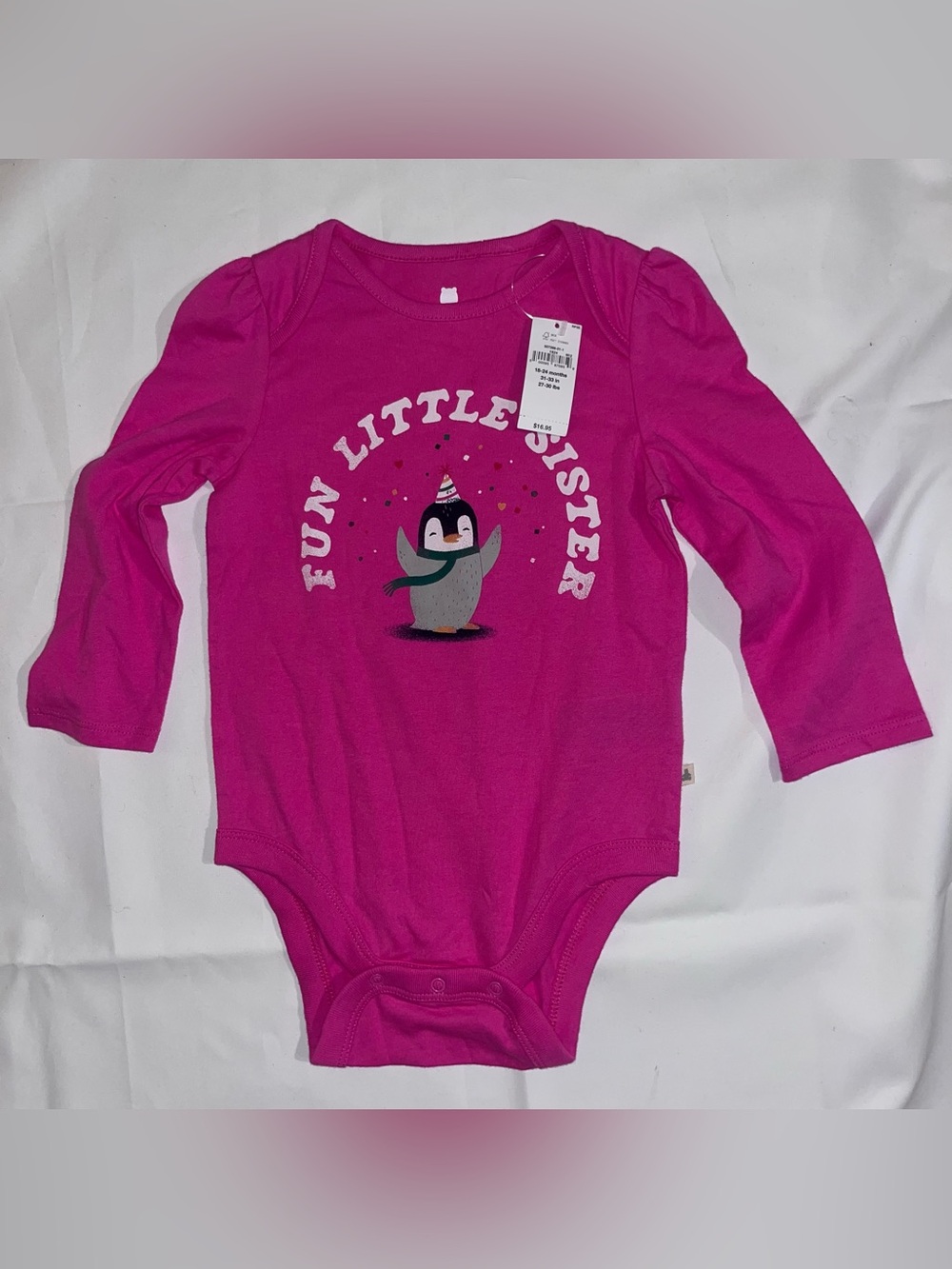 NWT Baby Gap Fun Little Sister Onesie 18-24M Pink Penguin